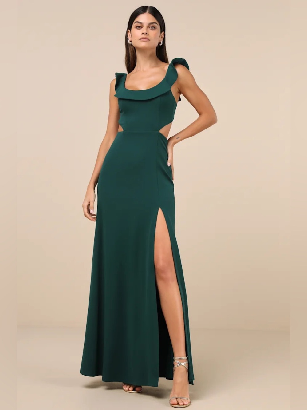 Lulus Captivating Charisma Emerald Ruffled Cutout Tie-Back Maxi Dress S NWT Gown